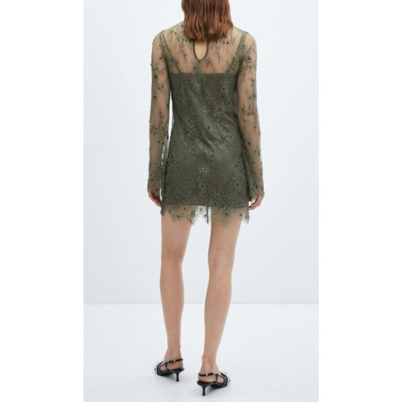 Mango Green Long Sleeve Lace Sequin Bead Dress L Large Olive Green $159 NEW - Picture 9 of 15